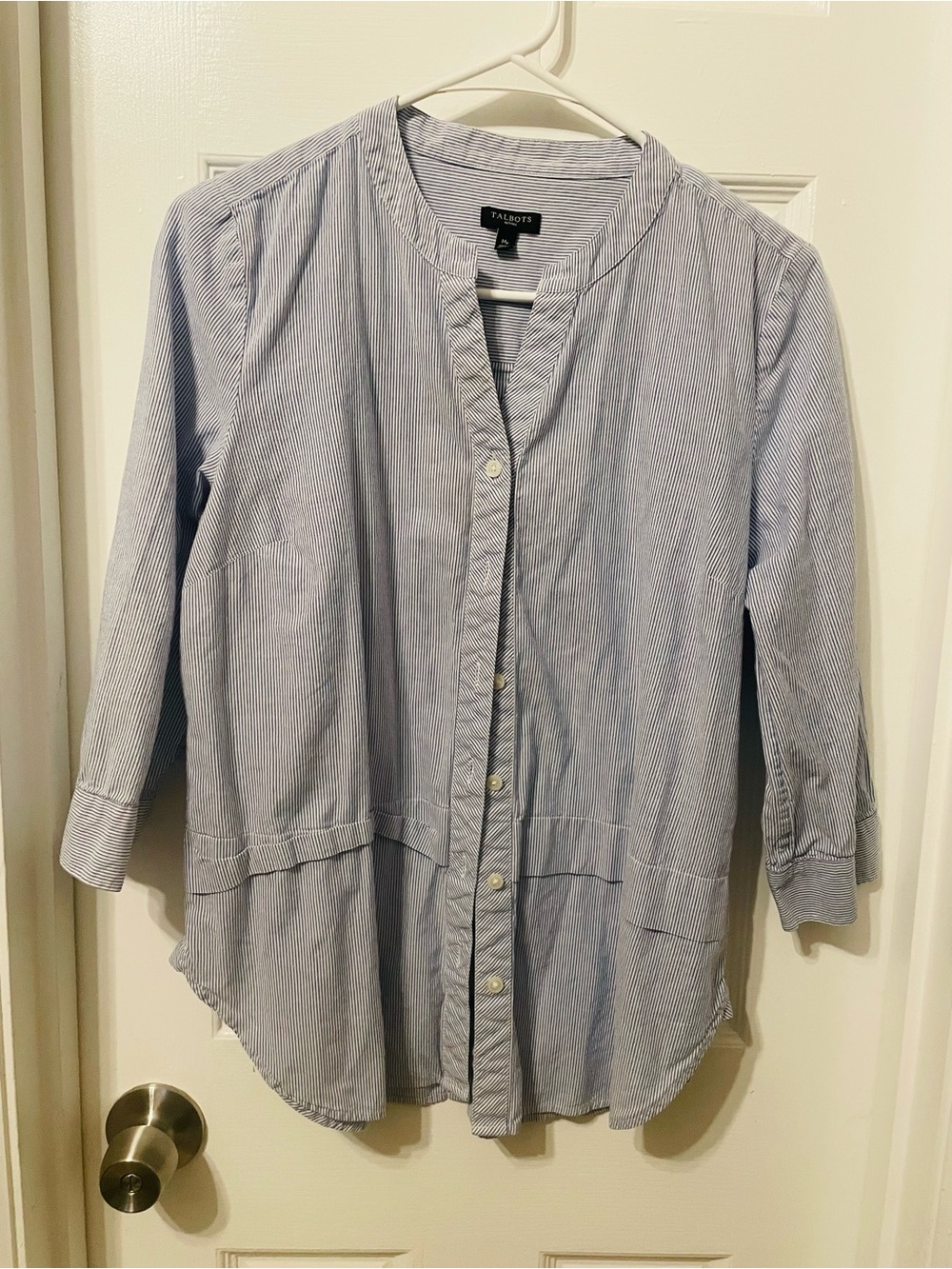 Talbots Light Blue & White Pinstripe Collarless Button-Down Blouse